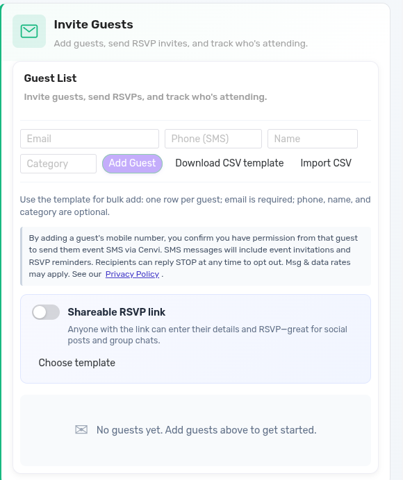 Event guest list with third-party-consent disclosure beneath the phone field