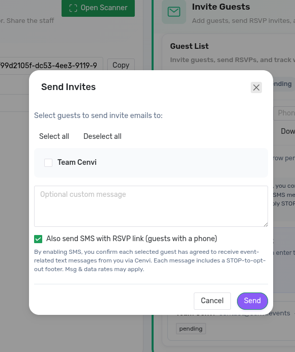 Send Invites modal showing the Also send SMS checkbox with a per-send third-party-consent disclosure beneath it