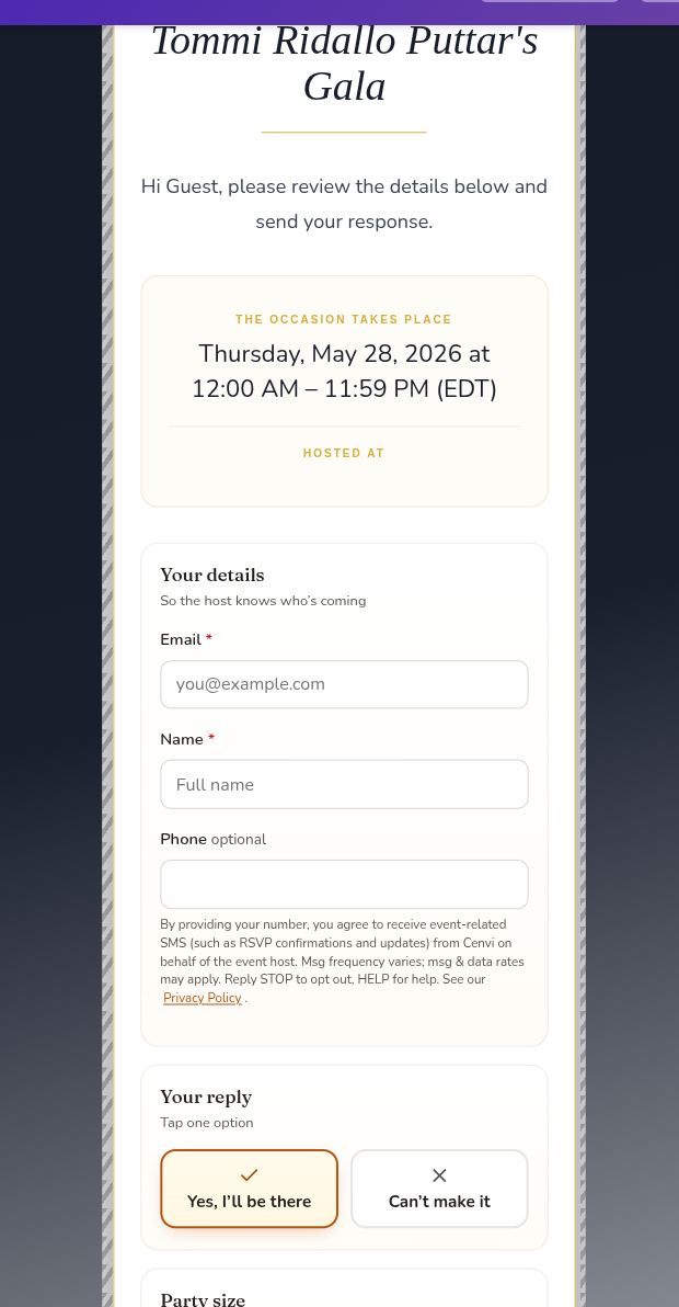 Public RSVP form with SMS consent disclosure beneath the phone field