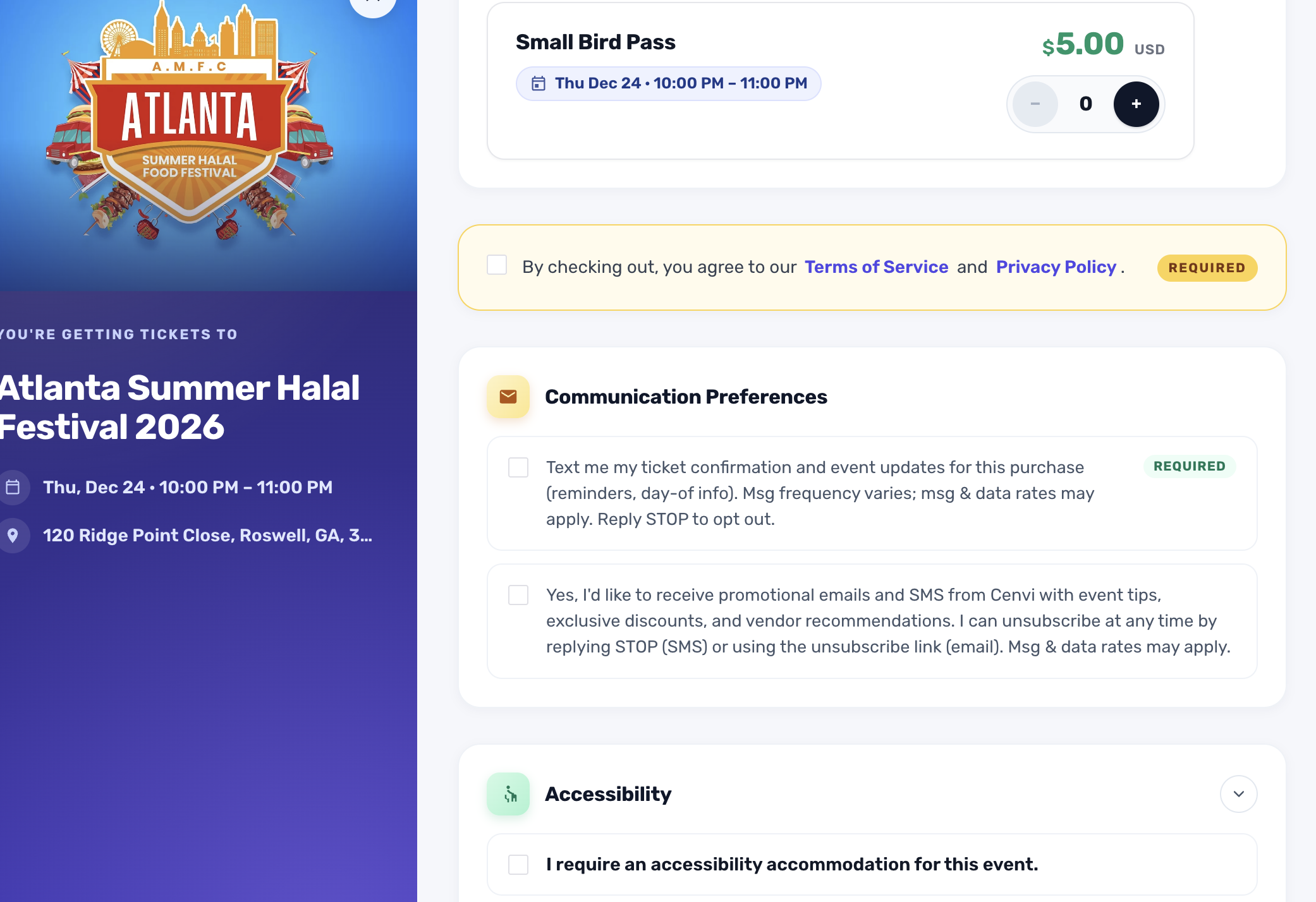 Public ticket registration Communication Preferences section with an unchecked required SMS consent checkbox and a separate unchecked optional marketing checkbox
