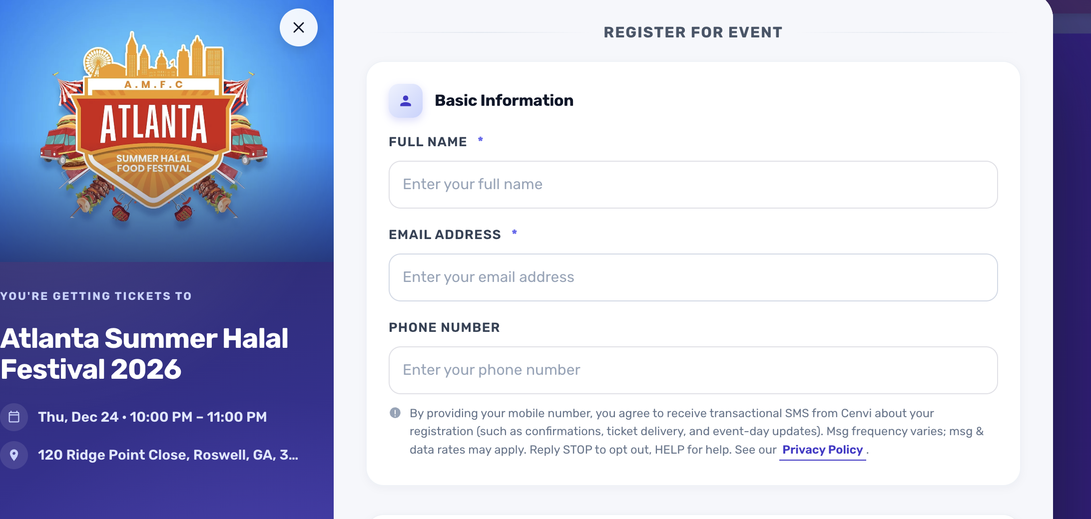 Public ticket registration form showing the phone field with its inline transactional SMS disclosure