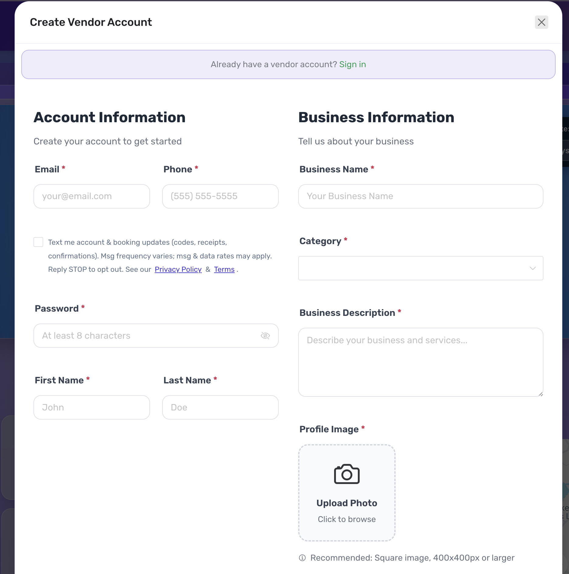 Vendor registration modal on a ticketing event page with an unchecked SMS consent checkbox beneath the phone field